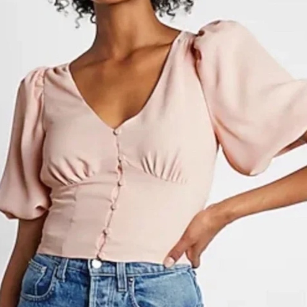Express V-neck button front puff sleeve crop top